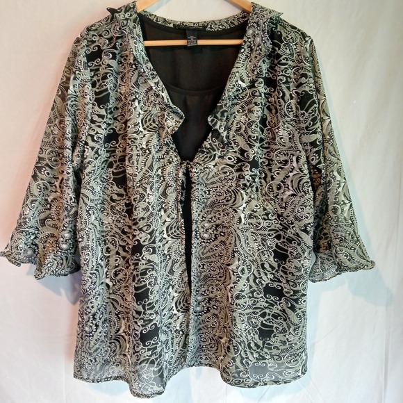 Club Collection 3X Blouse Front‎ Tie With Camisole, Black, White And Moss Green - Picture 1 of 8